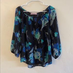 Rosebud Sheer Black & Blue Floral Print Blouse Small